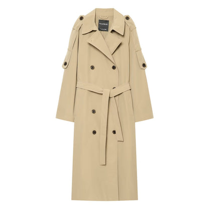 Women Double-breasted Trench Coat with Removable Cape Sleeves and Waist Belt EVA-US