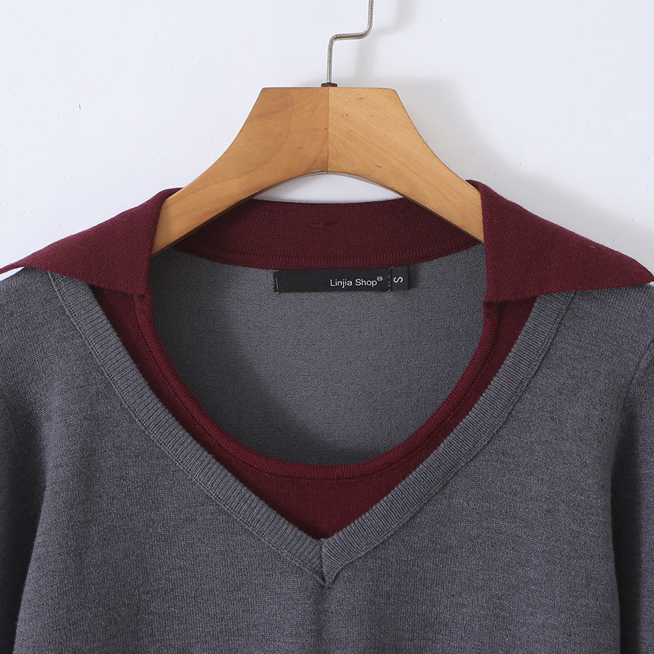 Women’s Two-Piece Fine Knit Set with V-Neck, Contrasting Collar and Pleated Mini Skirt EVA-US