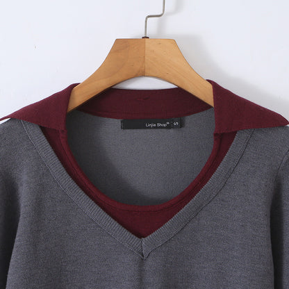 Women’s Two-Piece Fine Knit Set with V-Neck, Contrasting Collar and Pleated Mini Skirt EVA-US