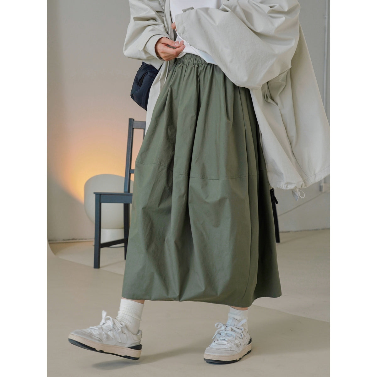 Women's Wide Flared High-Waist Midi Skirt made of Cotton Twill with Elastic Waistband EVA-US