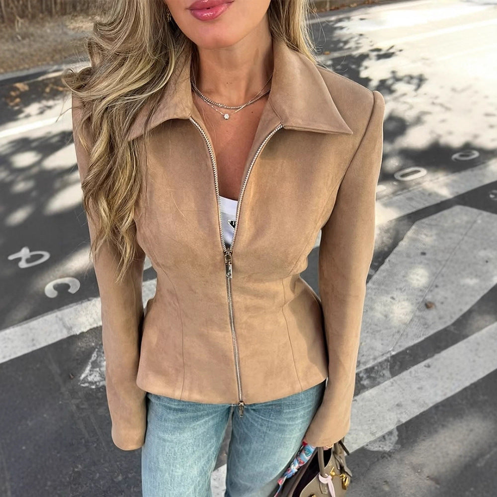 Women's Tailored Suede Look Jacket with Two-Way Zipper EVA-US
