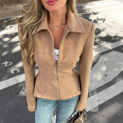 Women's Tailored Suede Look Jacket with Two-Way Zipper EVA-US