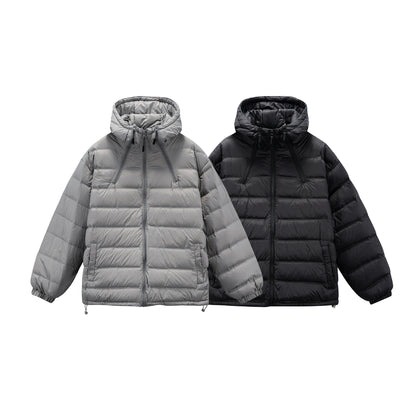 Men's Boxy Puffer Jacket with high stand-up hood, double front zipper and drawstring