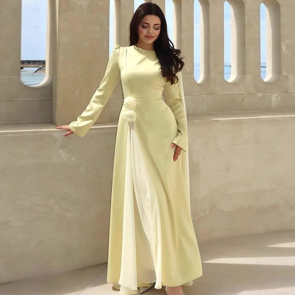 Women's evening dress with cape sleeves, tailored silhouette and decorative flower detail EVA-US