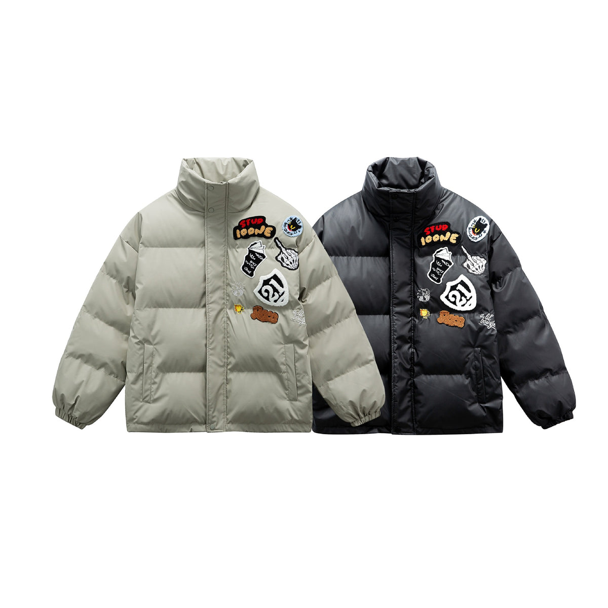 Unisex Boxy padded oversized puffer jacket with stand-up collar and statement patch details EVA-US