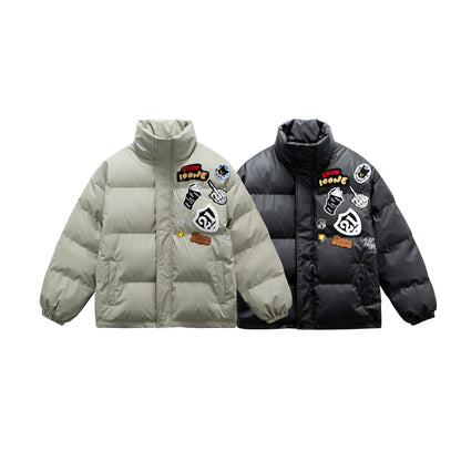 Unisex Boxy padded oversized puffer jacket with stand-up collar and statement patch details EVA-US