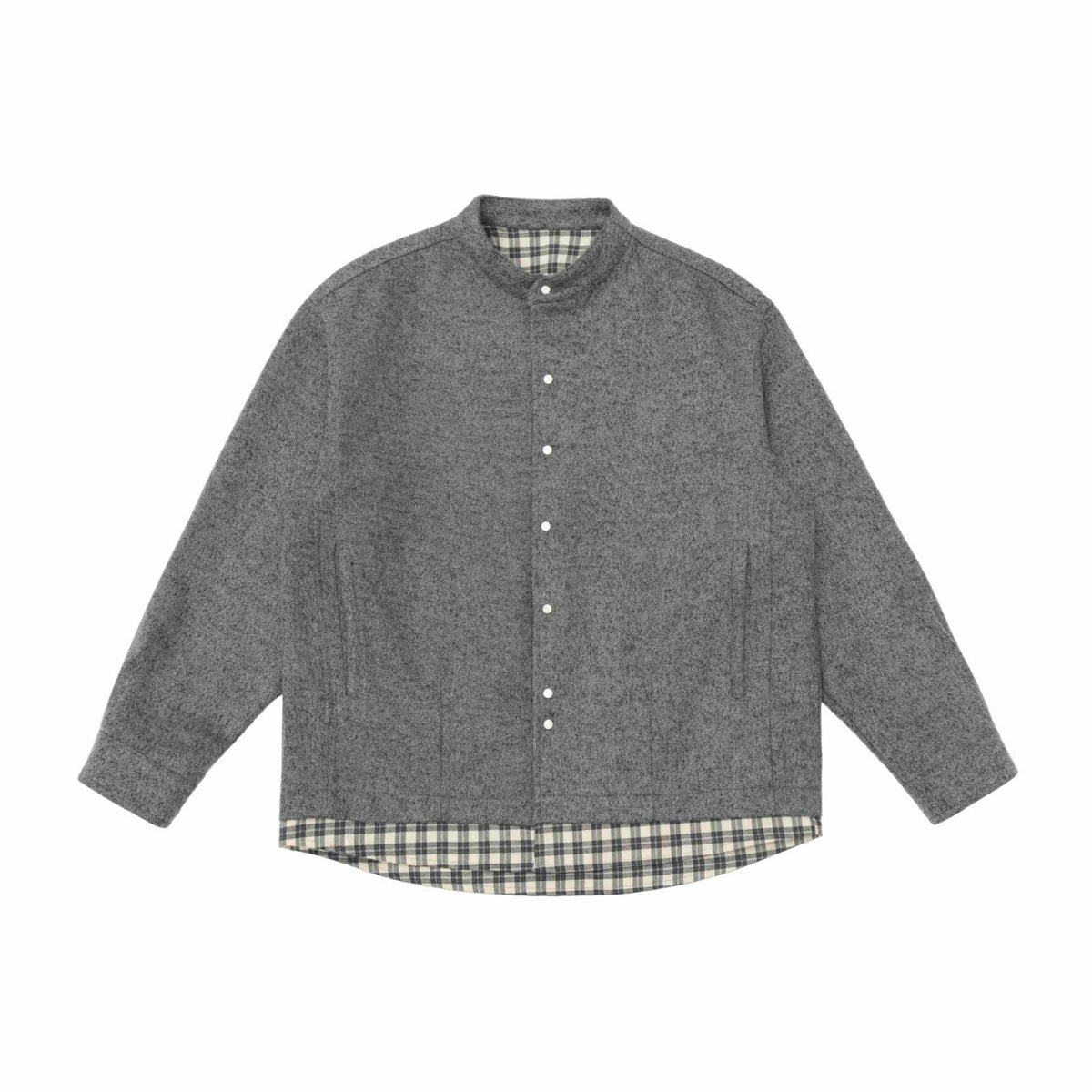 Unisex Short Cut Wool Blend Blouson with Stand-Up Collar and Checked Interior Band EVA-US