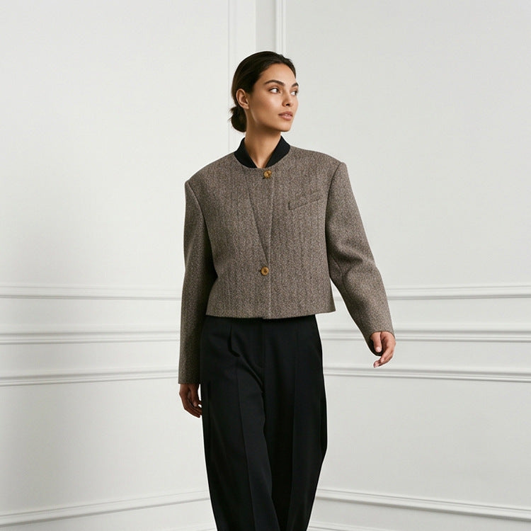 Ladies Short Cut Wool Blazer with Stand-up Collar and Herringbone Pattern EVA-US