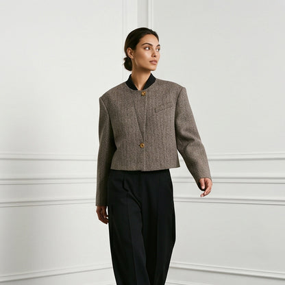 Ladies Short Cut Wool Blazer with Stand-up Collar and Herringbone Pattern EVA-US