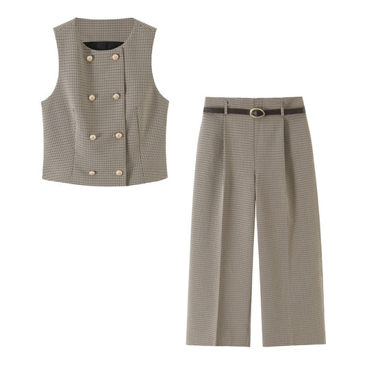 Women’s wide fabric trousers with high waist, Glencheck, crease and narrow waist belt EVA-US