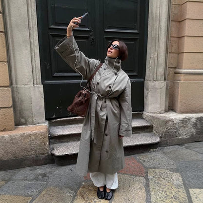 Women’s Maxi Trench Coat with high stand collar, double-breasted button placket & waist belt EVA-US