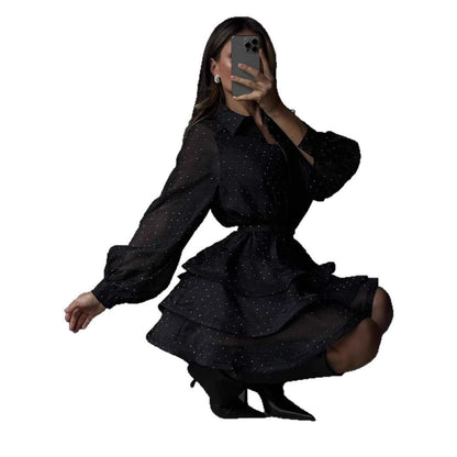 Women Transparent Ruffle Mini Dress with Shirt Collar, Balloon Sleeves and Waist Belt EVA-US