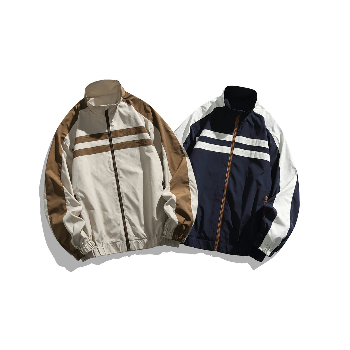 Unisex Sporty Track Jacket in Retro Windbreaker Design with Stand-up Collar and Contrast Stripes EVA-US