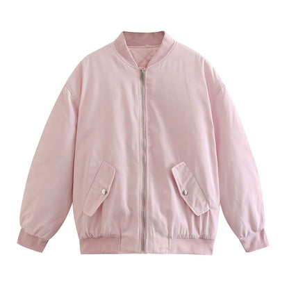 Women Boxy Bomber Jacket in Oversized Look with Zipper and Slanted Flap Pockets EVA-US