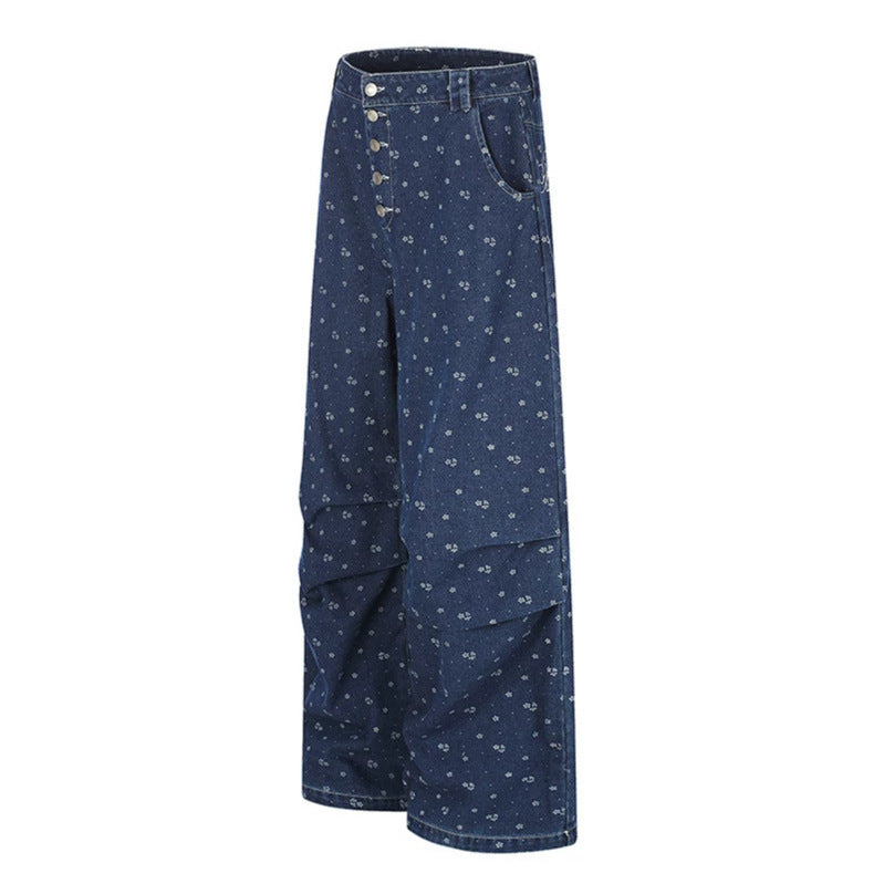 Women's High-Waist Culotte Jeans in Palazzo Cut with Visible Button Placket and Fine Floral Print EVA-US