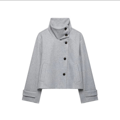 Women's Cropped Wool Blend Short Jacket with High Stand Collar, Asymmetric Button Placket and Cuffed Sleeves EVA-US