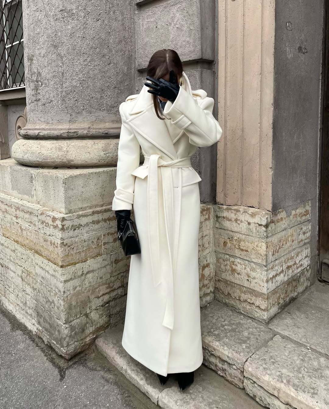 Women's Maxi Length Tailored Wool Blend Coat with Wrap Belt and Generous Notch Collar EVA-US