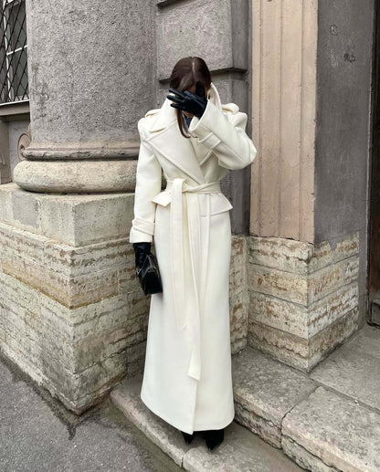 Women's Maxi Length Tailored Wool Blend Coat with Wrap Belt and Generous Notch Collar EVA-US