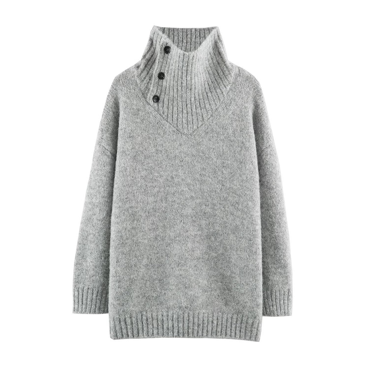 Women's Oversized Knit Sweater with High Ribbed Collar, Button Detail and V-Neck EVA-US