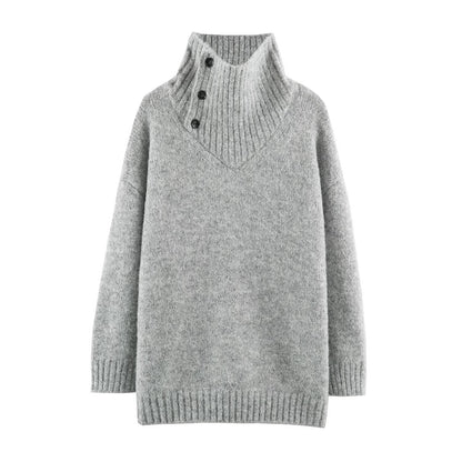 Women's Oversized Knit Sweater with High Ribbed Collar, Button Detail and V-Neck EVA-US