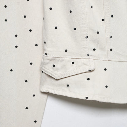 Women's Polka Dot Cropped Denim Jacket with Stand-up Collar, Zipper and Flap Pockets EVA-US