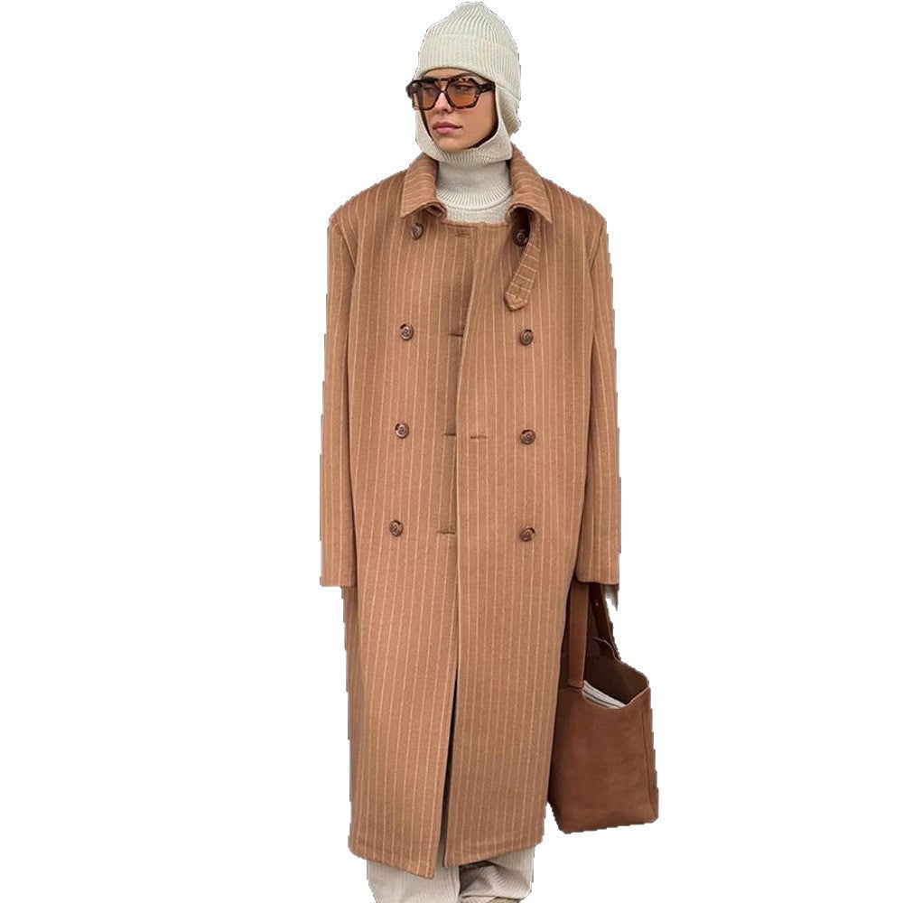 Women Double-Breasted Oversized Wool Blend Coat with Pinstripes and Loose Fit EVA-US