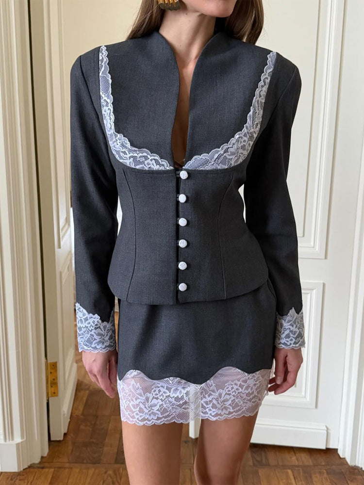 Women Fitted Blazer and Mini Skirt Set with Lace Trim EVA-US
