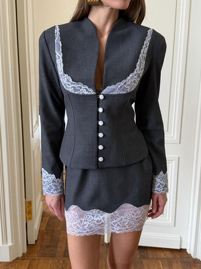 Women Fitted Blazer and Mini Skirt Set with Lace Trim EVA-US