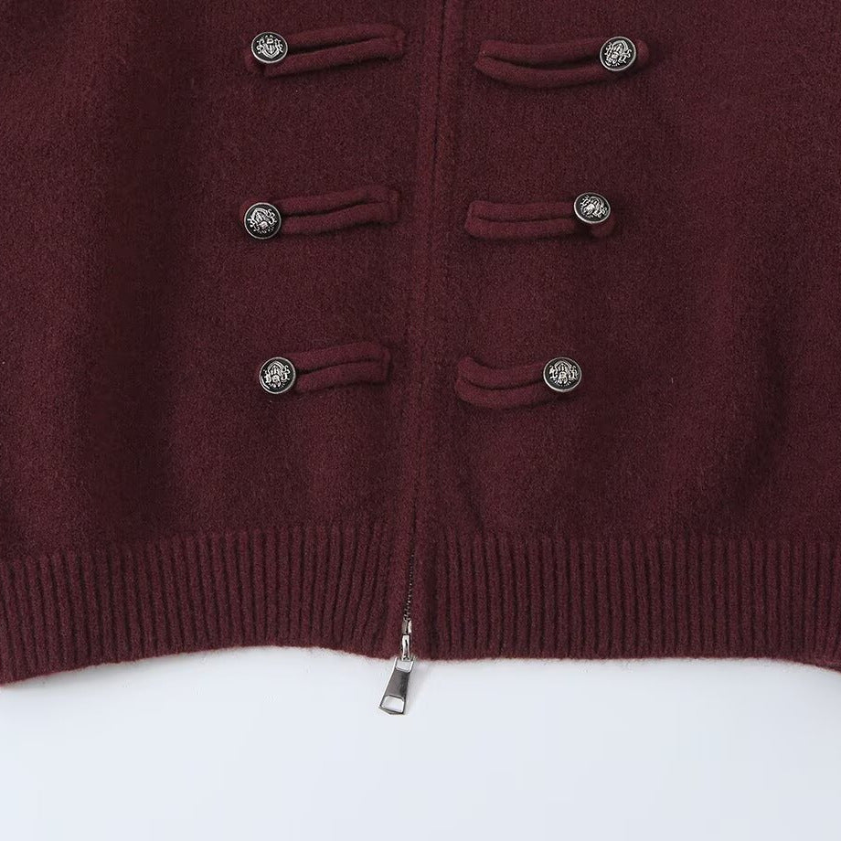 Ladies cardigan with stand-up collar, zipper and decorative knot trims EVA-US