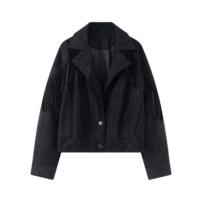Women's short jacket in suede look with fringe trim and shirt collar EVA-US