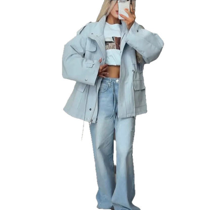 Women's Oversized Utility Jacket with Drawstring Waist, High Stand Collar, and Flap Pockets