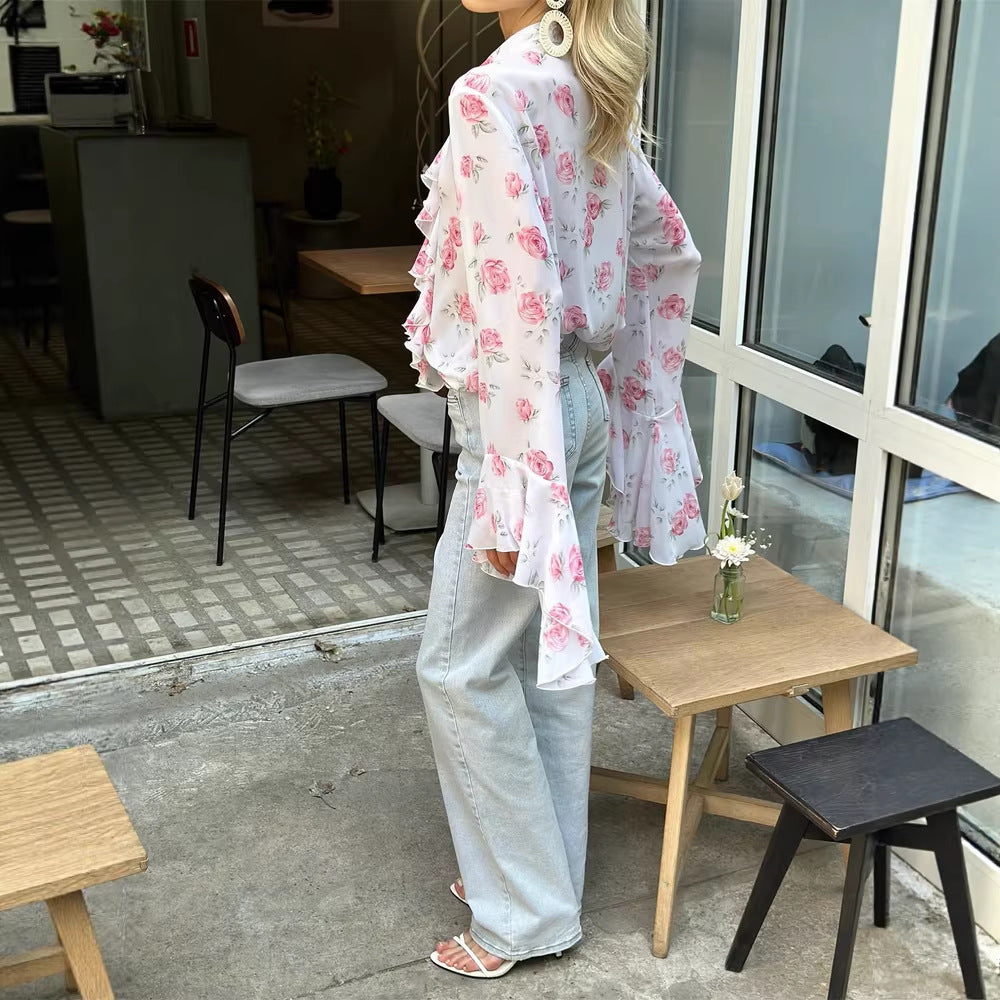 Women Chiffon Blouse with Rose Print, Ruffle Tiers and Bell Sleeves EVA-US