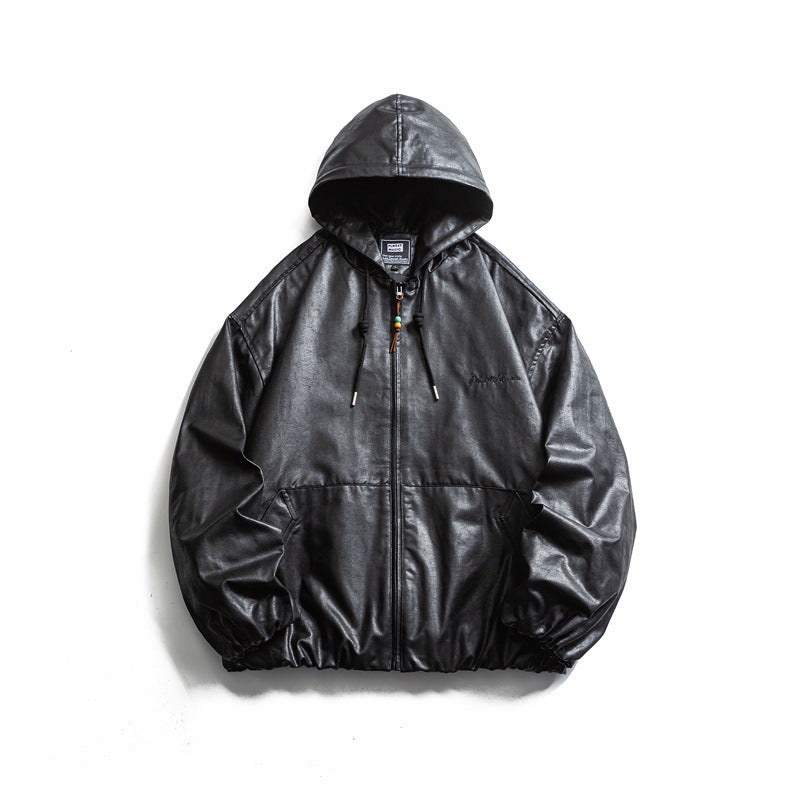 Men's short-cut faux leather hooded jacket in boxy cut with elastic hem and kangaroo pockets EVA-US