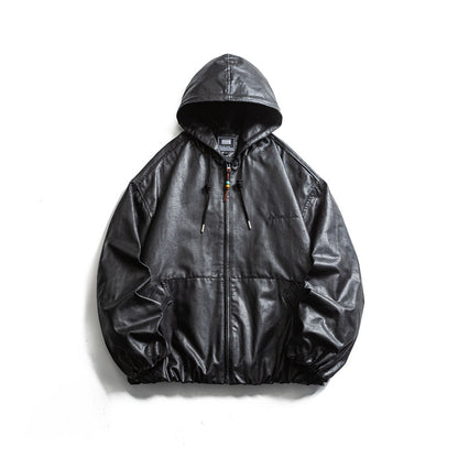 Men's short-cut faux leather hooded jacket in boxy cut with elastic hem and kangaroo pockets EVA-US