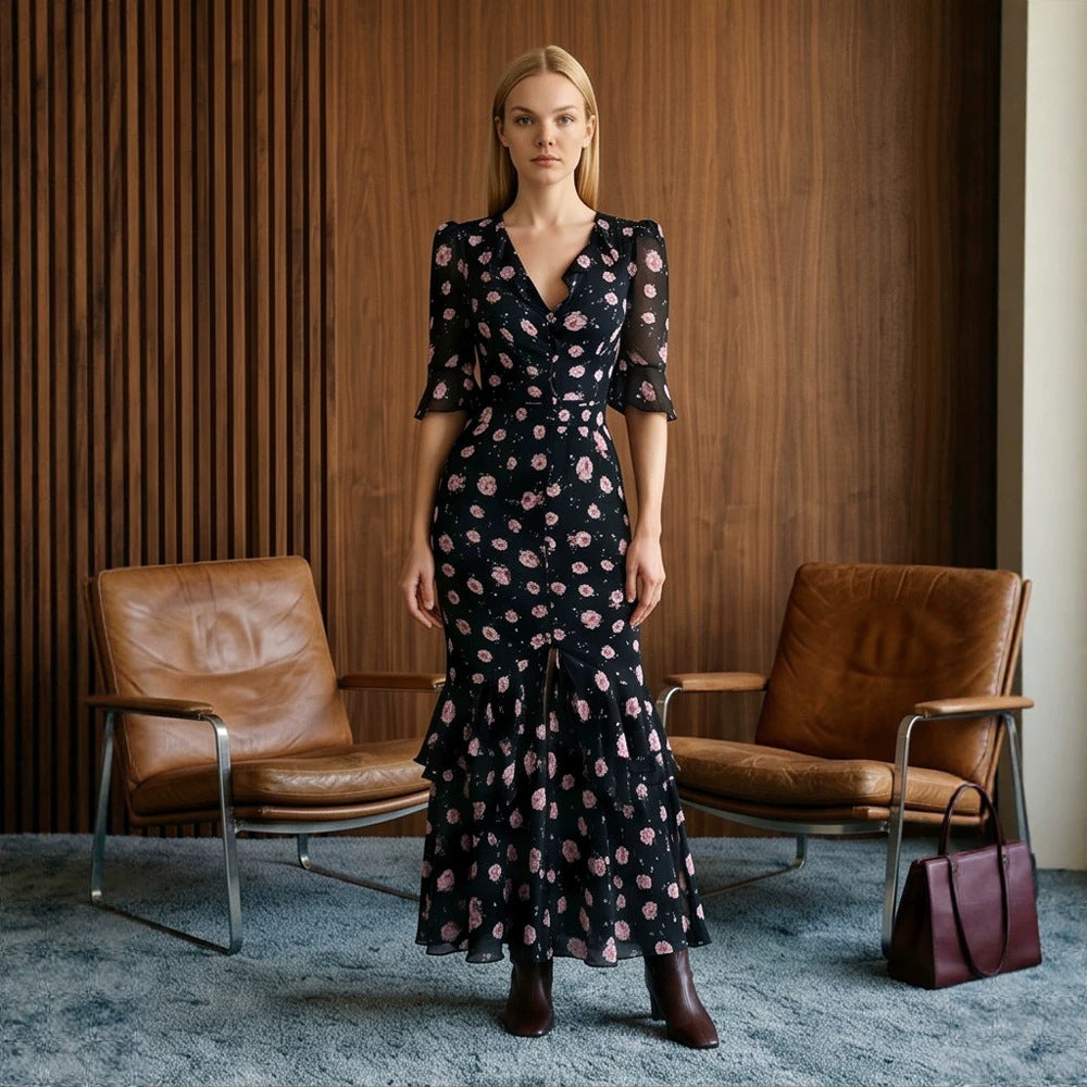 Women Tailored Chiffon Midi Dress with V-Neck, Three-Quarter Sleeves and Tiered Ruffles