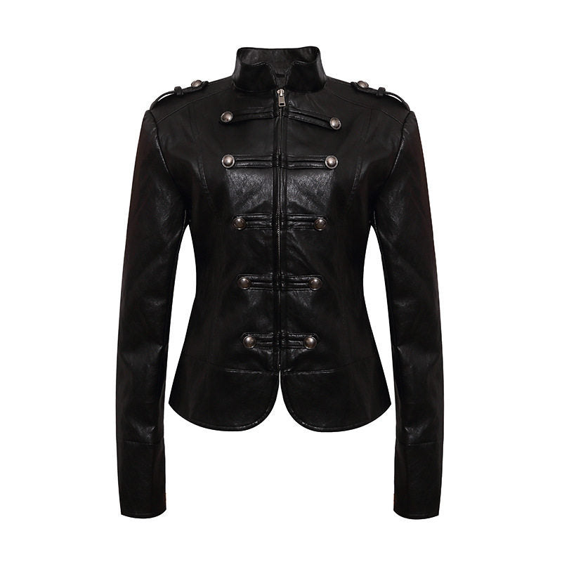 Women’s fitted leather jacket in military style with stand-up collar and decorative button placket EVA-US