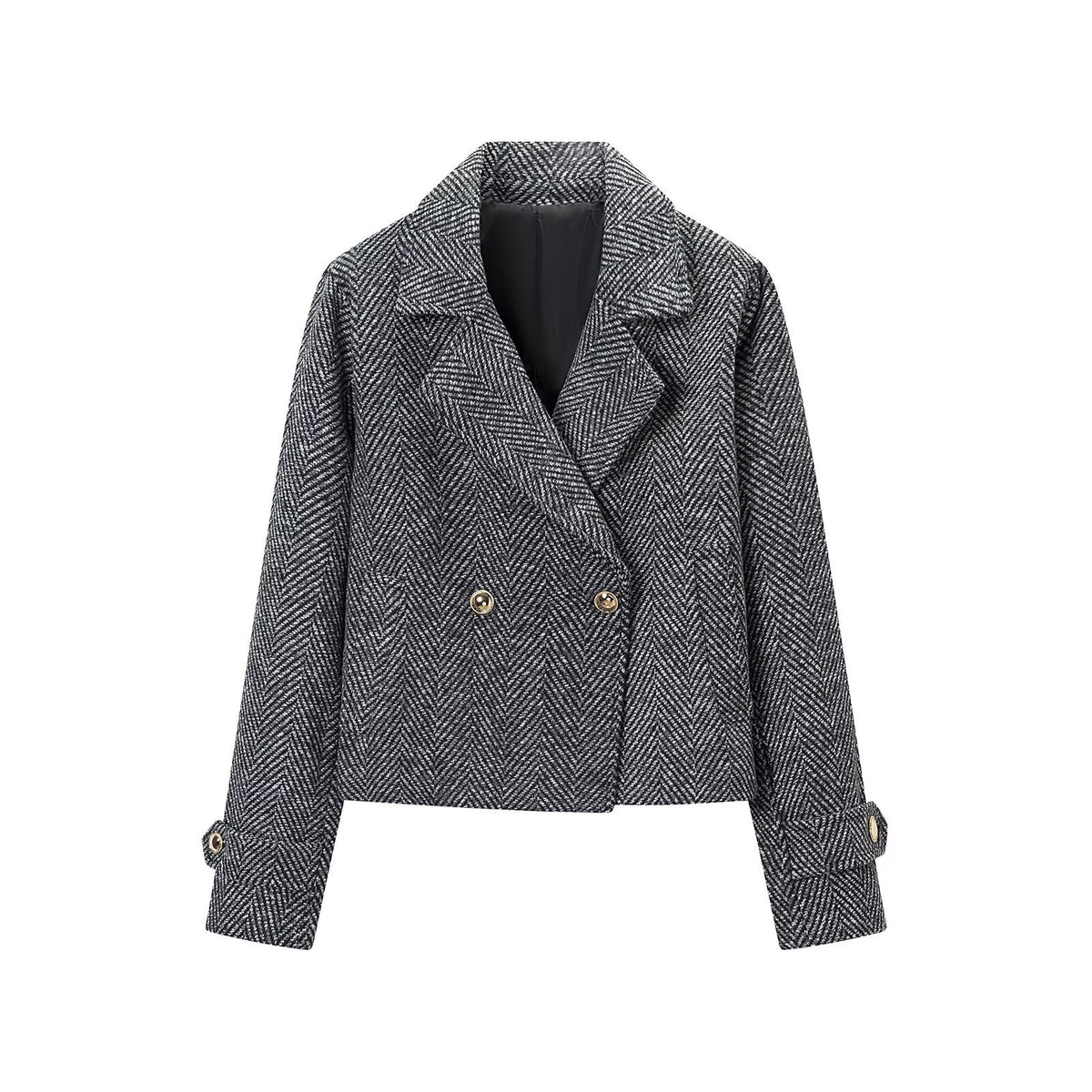 Women Short Double-Breasted Herringbone Tweed Jacket with Notch Lapel EVA-US