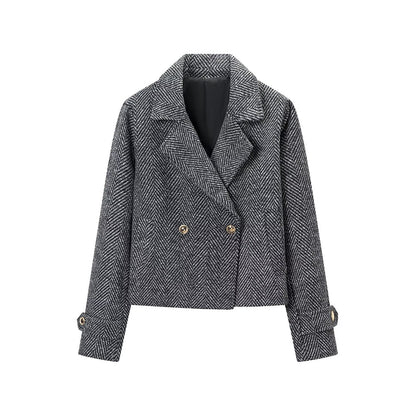 Women Short Double-Breasted Herringbone Tweed Jacket with Notch Lapel EVA-US