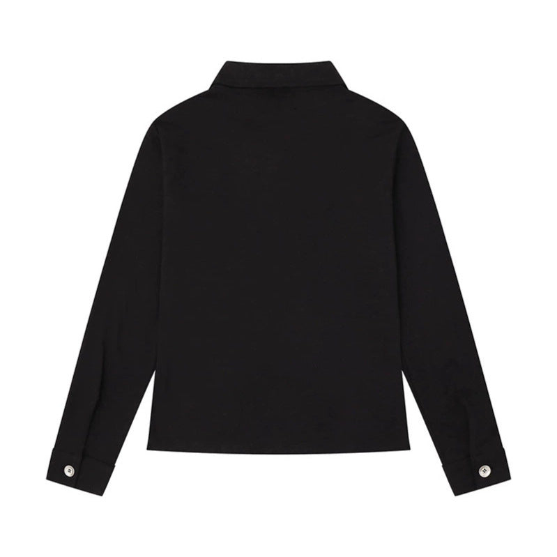 Women's long sleeve polo shirt with short zipper, shoulder pads and statement print EVA-US