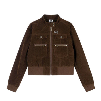 Women's Short Cut Velvet Velour Bomber Jacket with Stand-up Collar and Multifunctional Pockets EVA-US