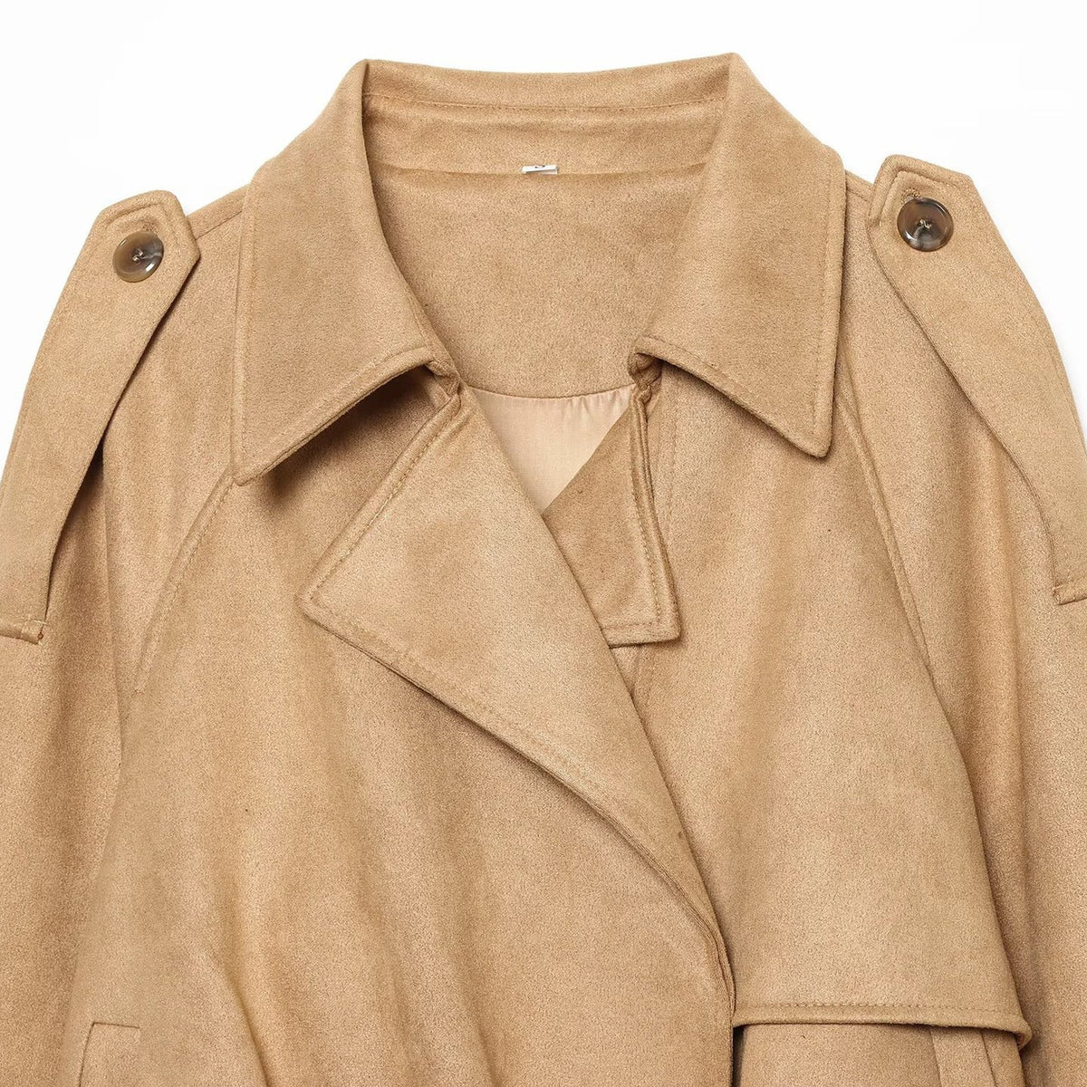 Women Short Cut Trench Jacket in Suede Look with Epaulettes and Buckle Cuffs EVA-US