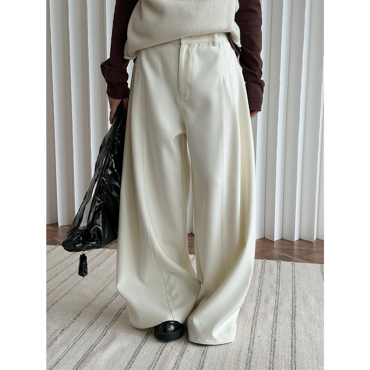 Women High-waisted wide wool-look palazzo trousers with pleats and low crotch EVA-US