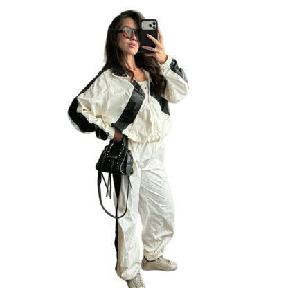 Ladies Sportives Nylon Set with Boxy Zip Jacket and High-Waist Jogger EVA-US