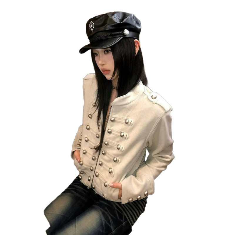 Women Short Military Inspired Jacket with Double Decorative Button Placket and Cuffs EVA-US
