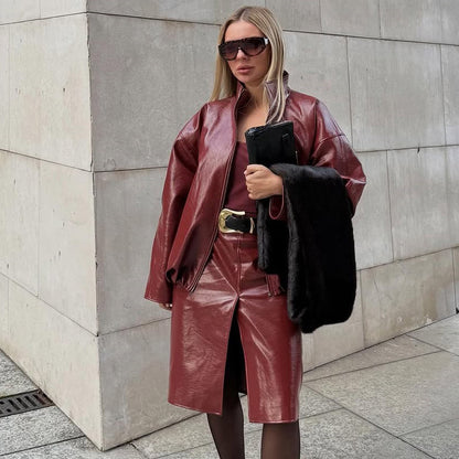 Women's Shiny Faux Leather Two-Piece with Oversized Zip Jacket and Tailored Midi Skirt EVA-US