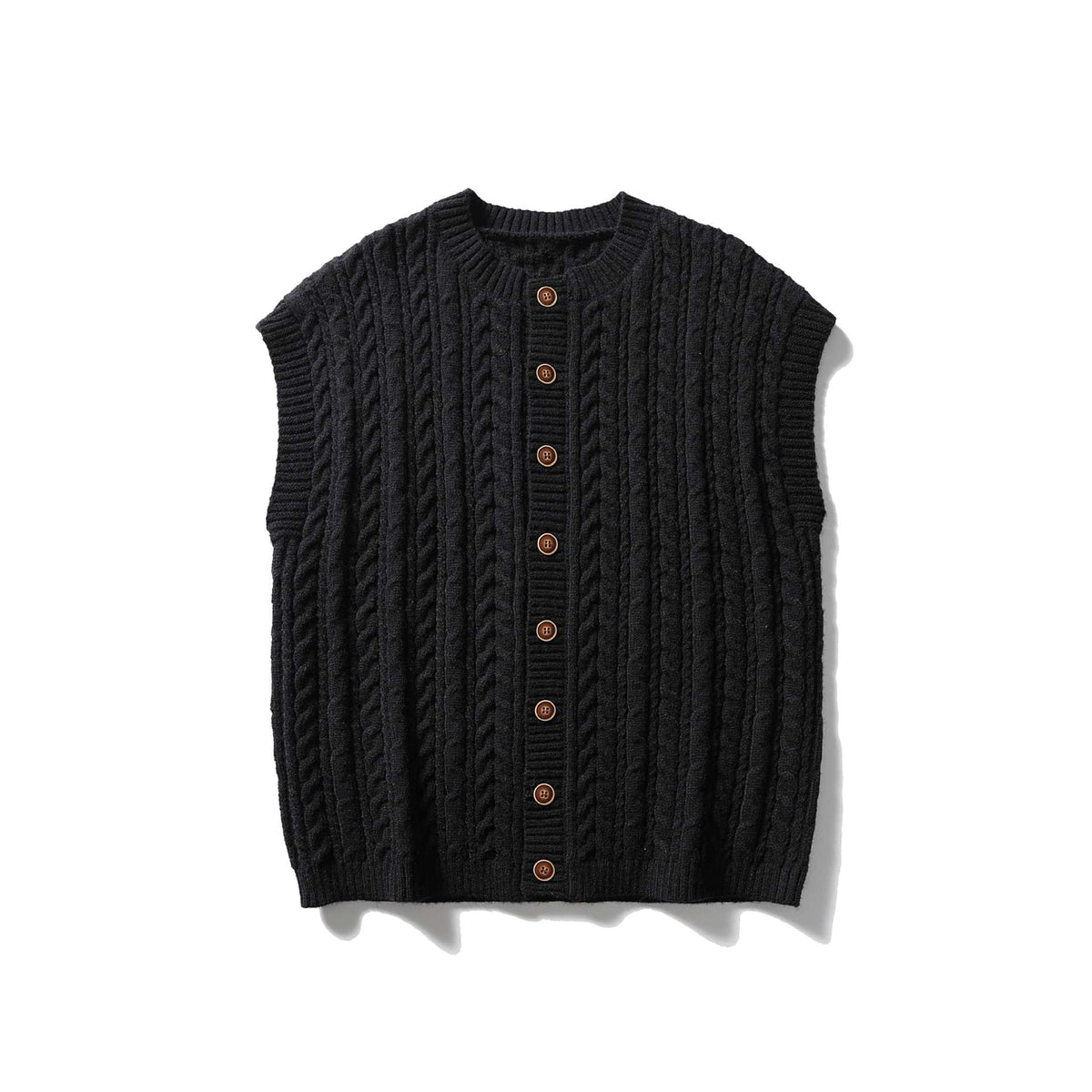 Women's Sleeveless Cable Knit Vest with Wooden Buttons and Ribbed Hem EVA-US
