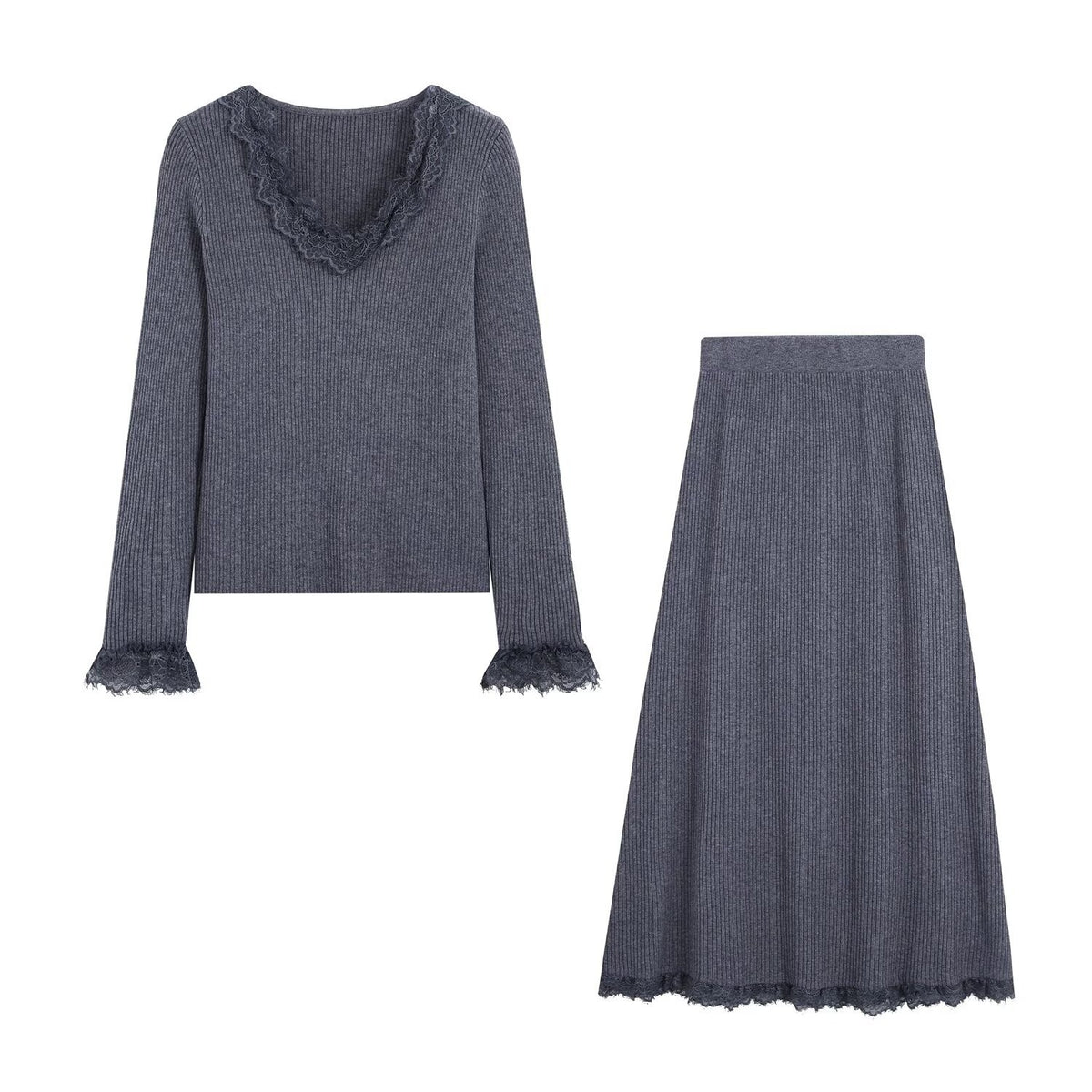 Women Two-Piece Ribbed Knit Set with Lace Trim EVA-US