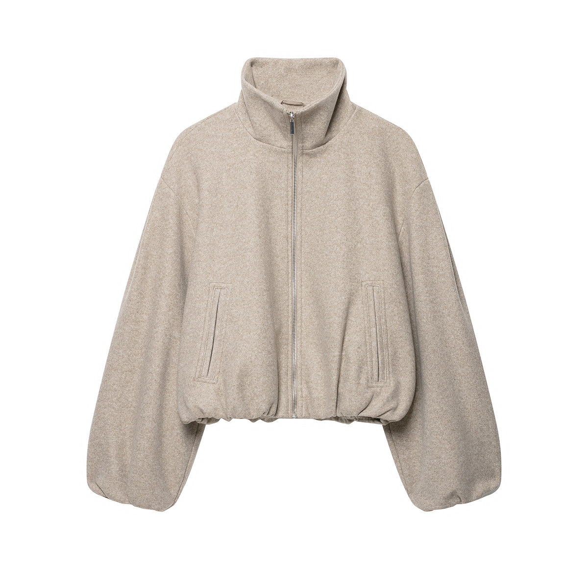 Women's Cropped Wool Blend Blouson Jacket with High Funnel Neck, Zipper and Gathered Hem