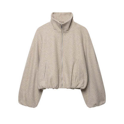 Women's Cropped Wool Blend Blouson Jacket with High Funnel Neck, Zipper and Gathered Hem