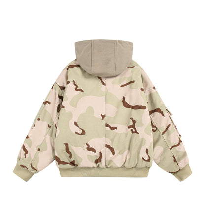 Unisex Oversize Cargo Bomber Jacket with Hood and Patches Utility Pockets EVA-US